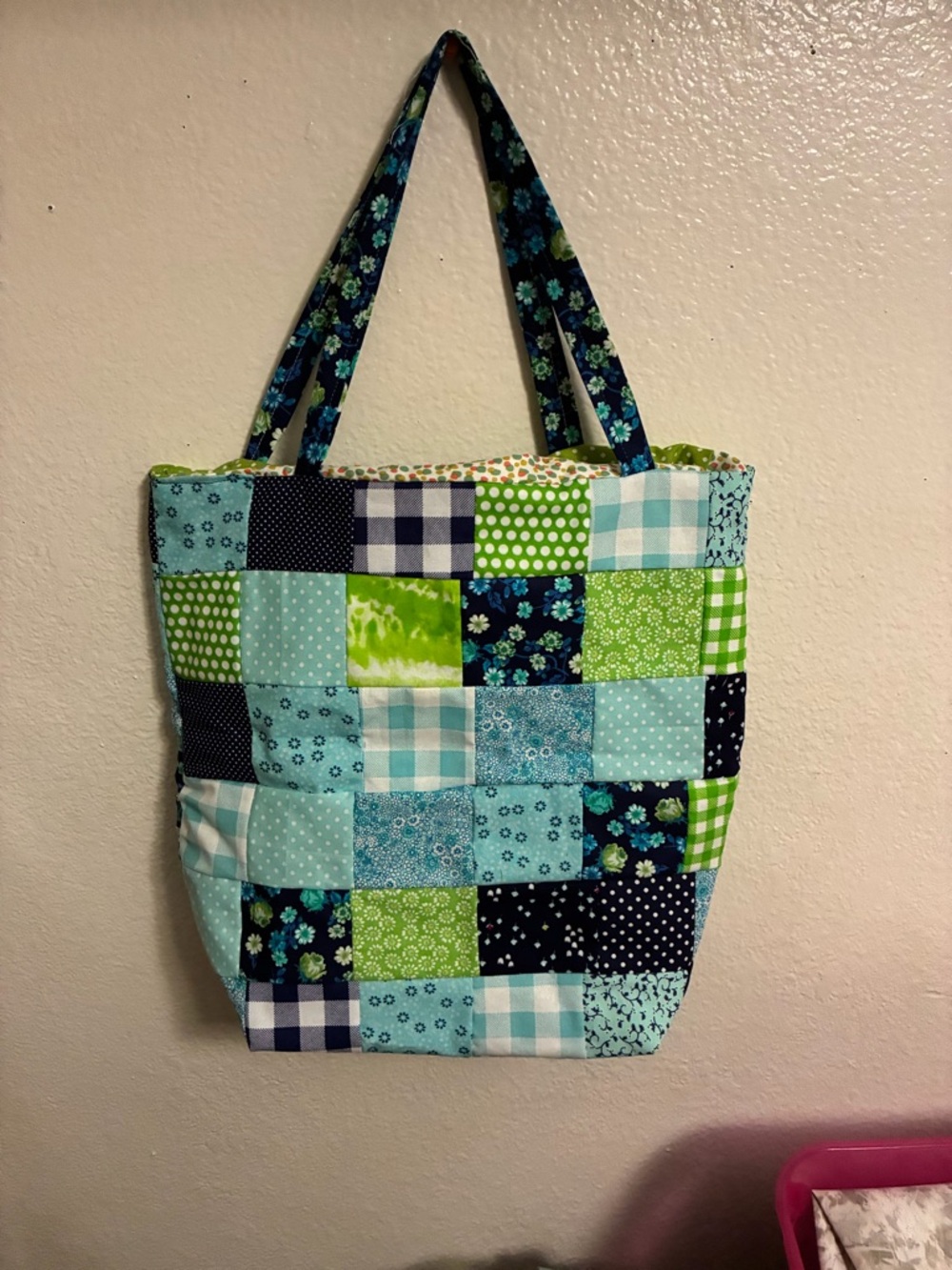 Handmade Patchwork Tote Bag in Aqua & Lime